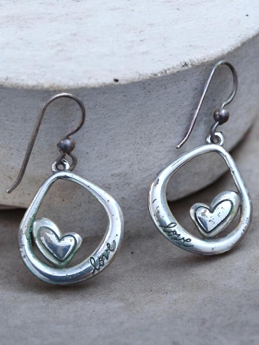 Silver Heart Drop Earrings - Love Script